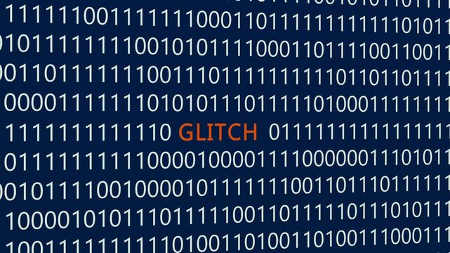 Glitch text or word with digital binary animation made in After Effects for digital world technology concept, representing system errors, corrupted data streams, and digital signal interference.