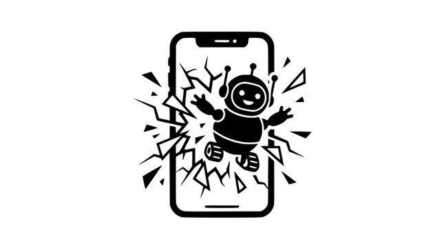 A cheerful robot bursting out from a broken smartphone screen, representing disruptive mobile artificial intelligence, digital breakthrough, and technical automation