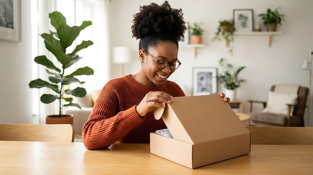 Happy woman opening a cardboard delivery box at home