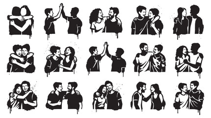 Obraz premium Friendship Spray Paint Stencil Vector Clipart Set Featuring People Hugging and Laughing