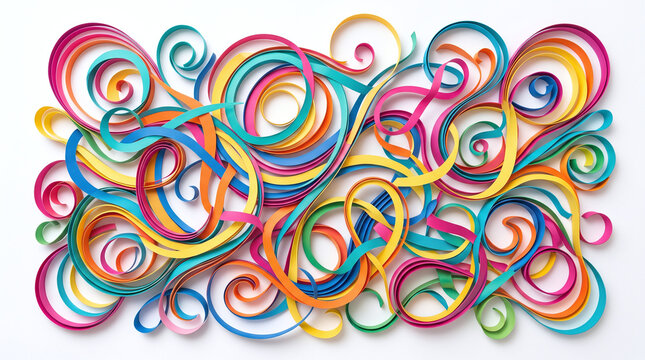 Colorful paper quilling decorative art on white background with paper strips.
