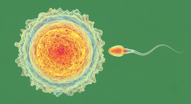 A 3D rendering of a single sperm cell approaching and fertilizing a large human egg cell on a green background.