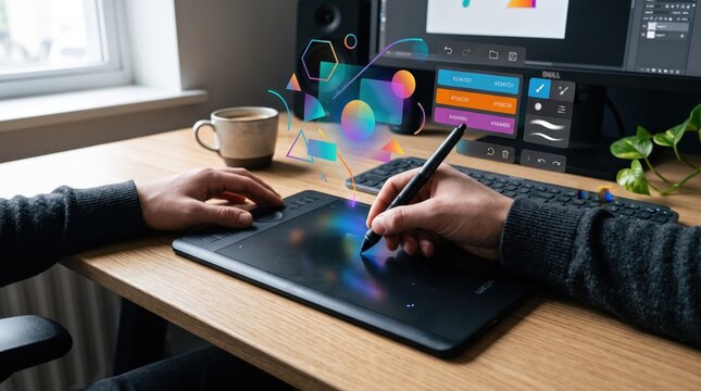 Creative digital artist drawing on graphics tablet with stylus pen, colorful holographic interface elements floating above workspace, modern design studio concept