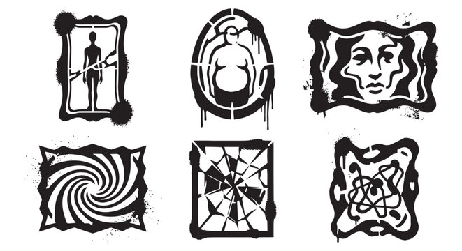 Distorted funhouse mirror spray paint stencil vector set with warped reflections and graffiti texture.