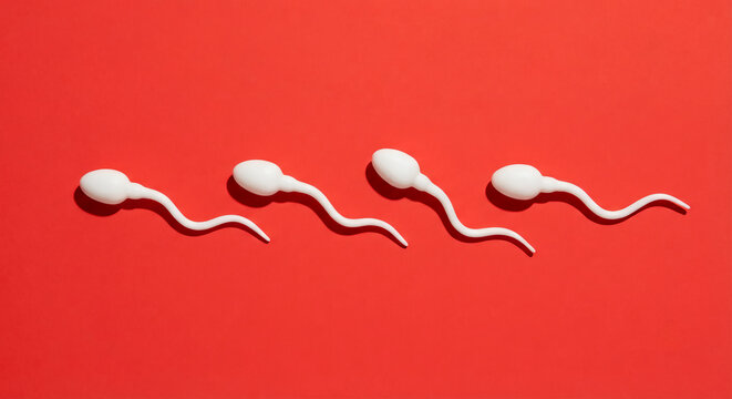 Four white sperm cell models arranged in a horizontal row moving from left to right against a vibrant red background.