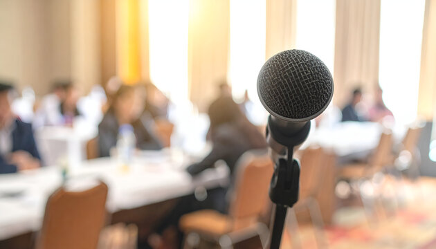 Microphone in Foreground of Blurred Conference Room Audience.