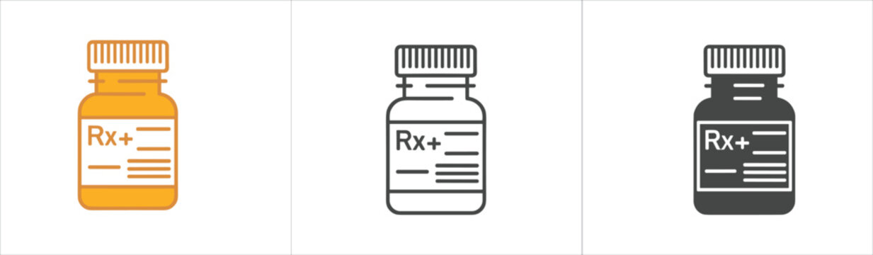 Set of three medicine bottle with rx plus label in orange, outline, and solid black styles, isolated on a plain white background