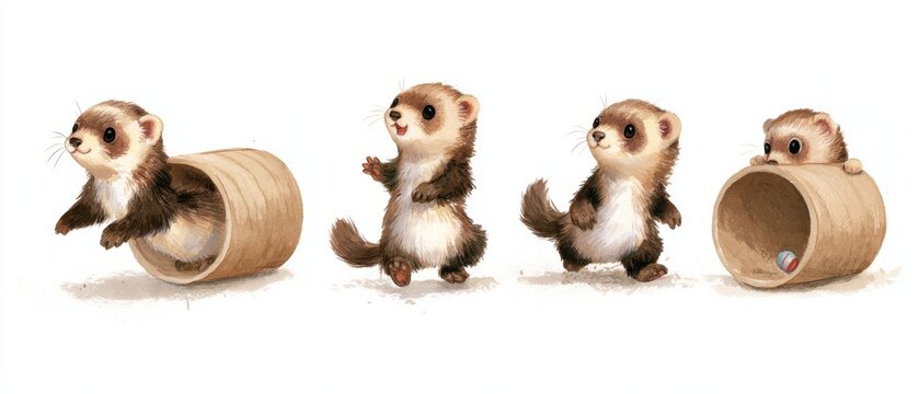 Cute watercolor illustration of a playful ferret running through a tube and hiding, four different poses in a horizontal row, character sheet, isolated on a white background, soft colors, children's