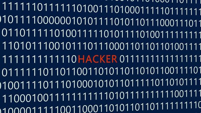 Hacker text or word with digital binary animation made in After Effects for digital world technology concept, representing cyber criminals, unauthorized network penetration, digital code manipulation