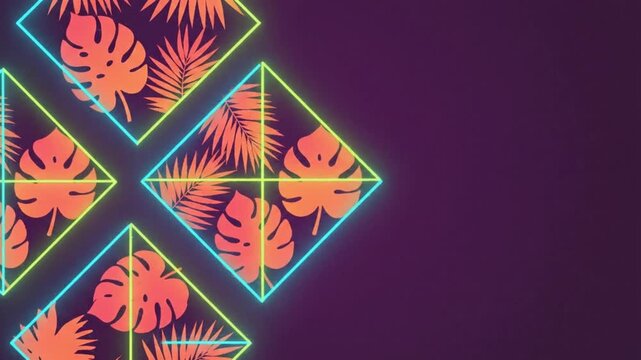 Tropical neon leaf animation with glowing geometric shapes and vibrant purple background displaying modern motion design in this digital clip