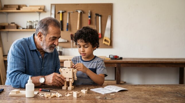 Grandfather and grandson building a wooden robot kit together in a workshop