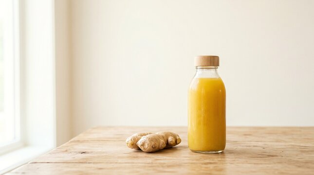 Glass bottle of cold pressed ginger juice on a light wood table with raw ginger root