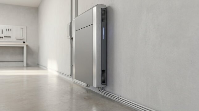 Modern home battery storage unit mounted on a clean garage wall for renewable energy