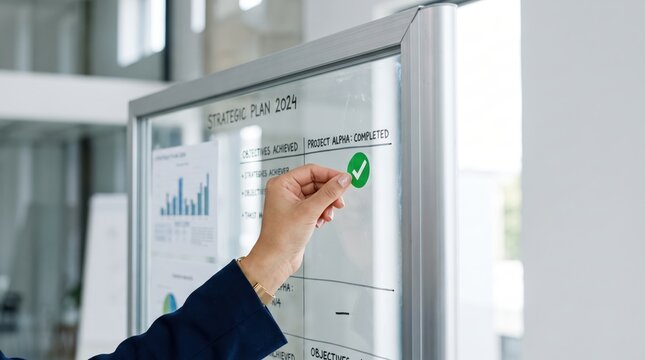 Hand placing green checkmark sticker on strategic plan board for project completion tracking, business goal achievement and task management visualization concept