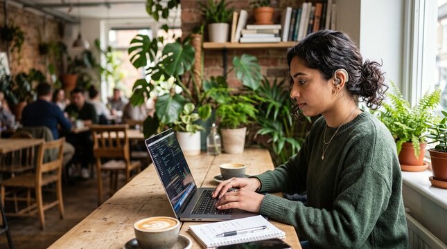 Young woman with hearing aid working on laptop in a cozy plant filled cafe workspace