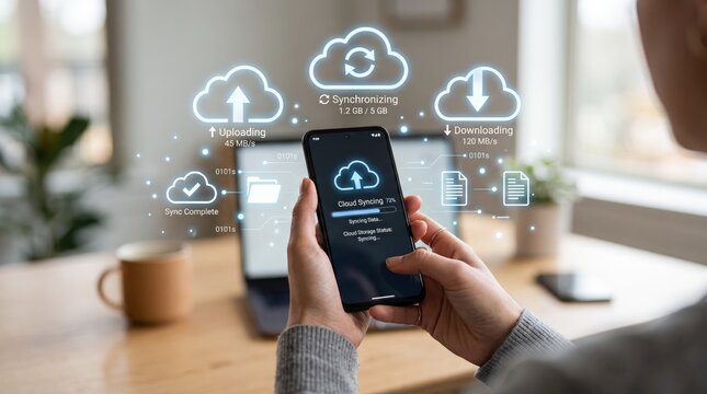 Person holding smartphone with holographic cloud syncing interface, uploading and downloading data icons, futuristic technology concept for digital storage and mobile