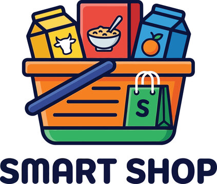 Vibrant grocery basket illustration with milk carton, cereal box, juice pack, and smart shop text, representing online retail and food delivery concept for supermarket apps, e-commerce branding, and