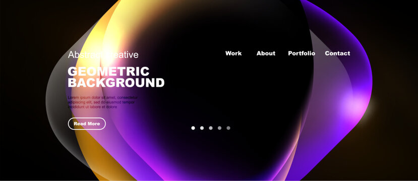 Abstract website design features vibrant overlapping shapes. Text includes headings, menu items, plus brief description. Button visible. Dark background dominates.