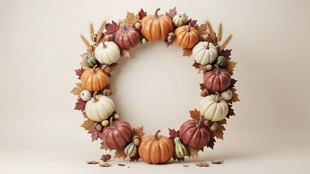 Circular autumn wreath made of various pumpkins, colorful fall leaves, and wheat stalks on a plain beige background, for holiday decoration.