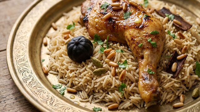 Hyper Realistic 9K Close Up Bahraini Machboos Deyay Spiced Chicken Basmati Rice with Dried Lime Food Photography