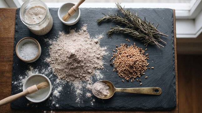 Sourdough bread baking ingredients flatlay with active yeast starter jar, whole wheat flour, grains, rosemary, and measuring spoon on dark slate