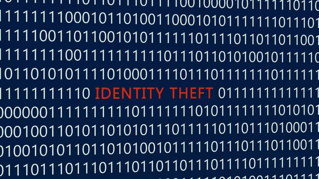 Identity Theft text or word with digital binary animation made in After Effects for digital world technology concept, representing unauthorized personal data access, stolen digital credentials