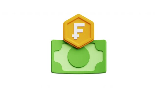 3D Swiss Franc Token and Money Icon Floating Animation on White Background Wealth, Finance, and Financial Investment Concept