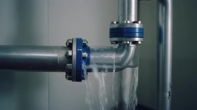 Water Leaking From Industrial Steel Pipe Flange Elbow Connection in Factory Facility