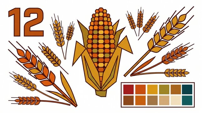 Festive thanksgiving illustration featuring corn wheat and the number twelve with autumn colors and a flat design