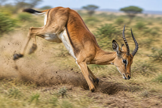 Antelope running with leg caught in hole, kicking up dust on savanna.