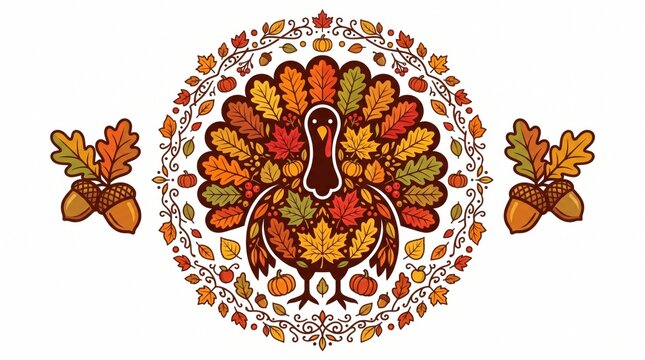 Festive thanksgiving turkey illustration with autumn leaves and acorns on a white background