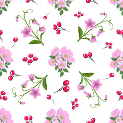 Obraz premium seamless pattern with pink flowers, vector, nature, floral, illustration, design, card, leaf, art, cherry, summer, bouquet, frame.
