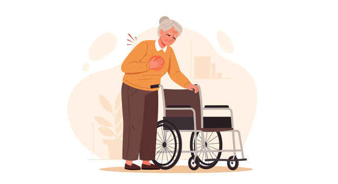 Elderly Woman Experiencing Chest Pain Near Wheelchair