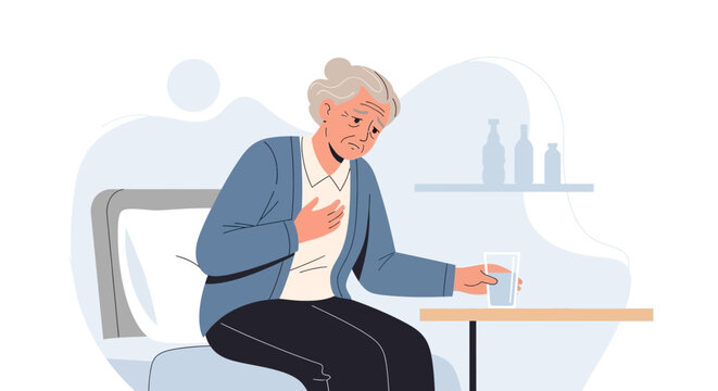 Elderly Woman Experiencing Chest Pain While Holding Water Glass