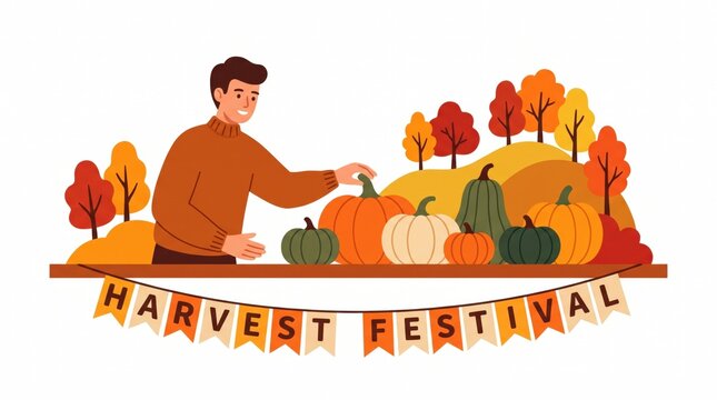 A cheerful man presenting a harvest bounty of pumpkins and gourds with autumn foliage and a harvest festival banner