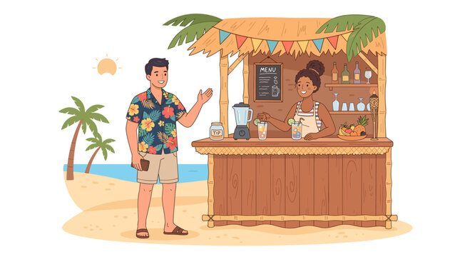 Man ordering a tropical drink at a beachside bar with palm trees