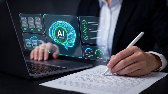 artificial intelligence and natural language processing system. automated document analysis and data parsing interface. professional reviewing nlp output and processing speed metrics on holographic.