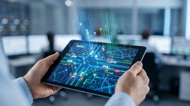Logistics fleet management and electric transportation delivery sustainability technology showing smart city tracking on digital tablet screen with autonomous vehicle navigation data systems.