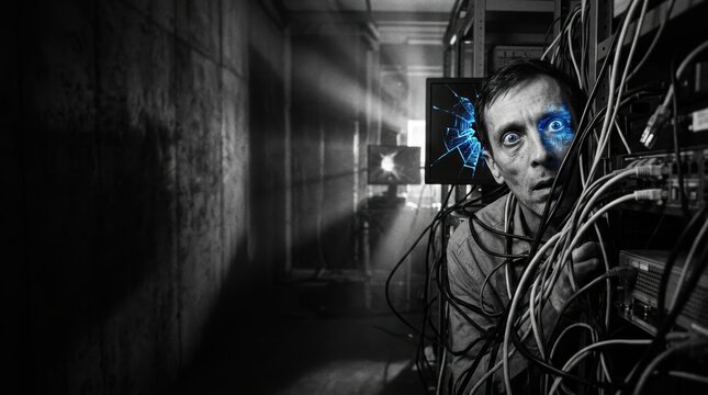 Cinematic cyber-horror banner featuring a terrified man fused with wires and glowing blue circuit eyes in a dark, high-contrast monochrome server room with large copy space.
