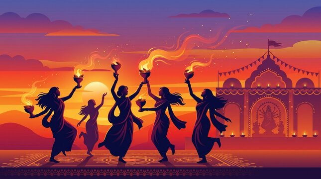 Indian women dancing with fire dhunuchi burners during Durga Puja festival celebration at sunset, traditional ritual and cultural vector illustration banner