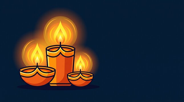 Durga puja traditional glowing oil lamps diya and candle vector illustration on a dark blue background with copy space, Hindu festival of lights and religious celebration concept