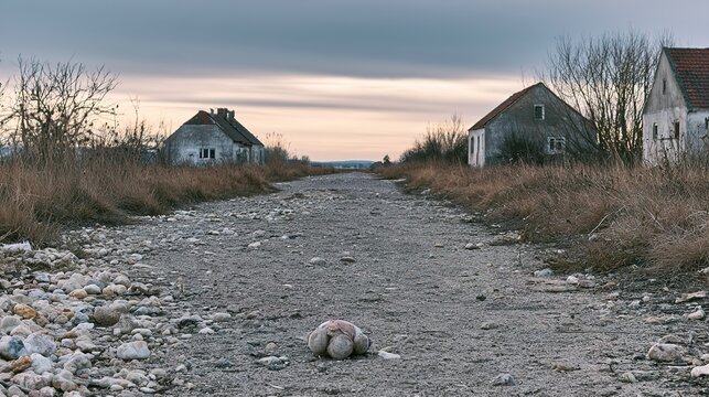 settlement. Abandoned village with empty houses and broken toy on dirt path, overcast sky. ESG reports, sustainability campaigns, designed for sustainability communications and ESG reporting.