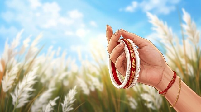 Hand holding traditional white and red shakha pala bangles against a field of Saccharum spontaneum kanshi grass and blue sky background for Durga Puja festival celebration