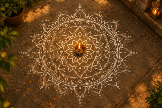 Mandala pattern on ground with a small oil lamp at center.