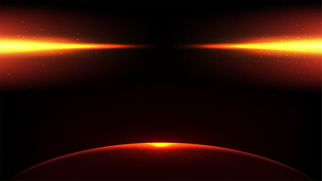 Abstract sci fi background glowing orange laser beams lens flare floating sparkles and rising fiery red planet horizon on dark cosmic space vector, futuristic tech cover design