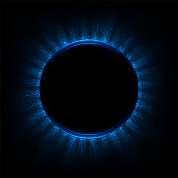 abstract glowing blue neon energy ring with digital soundwave rays on a dark background, futuristic website banners created in a modern cyber style