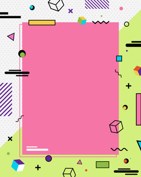 Retro 90s memphis design background with pink rectangle frame, colorful geometric shapes, 3d cubes, dots and bold patterns, party poster, banner or social media promotion template