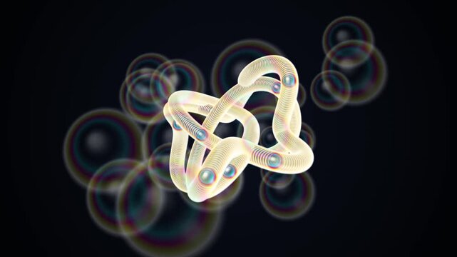 Abstract molecular structure with glowing nodes. Scientific 3D render of DNA or protein chains. Microscopic biological visualization.