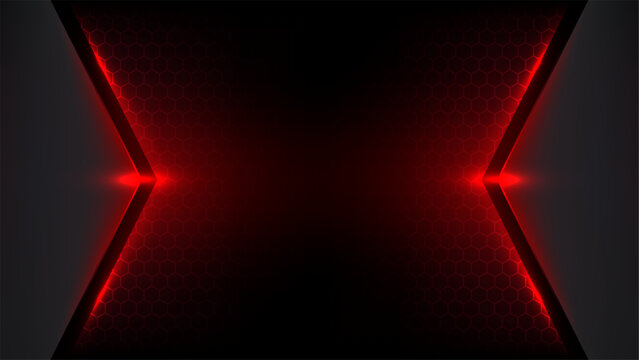 Futuristic red neon background with dark metallic side panels glowing light highlight and subtle honeycomb texture mesh pattern, gaming header banner vector design template
