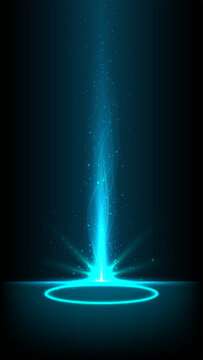 Abstract blue energy beam rising from glowing circular portal in dark futuristic space with swirling light and floating particles vector illustration